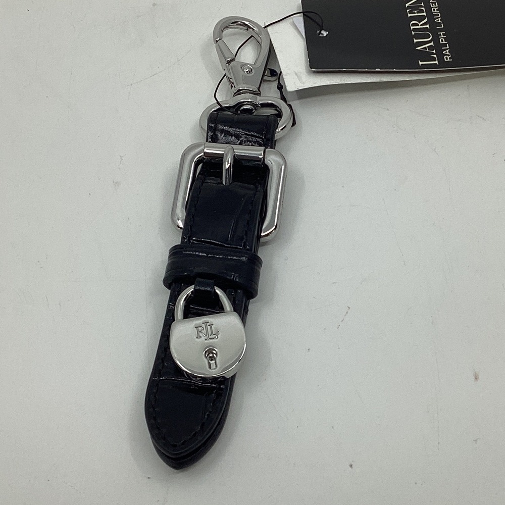 Lauren Ralph Lauren Black Croc Embossed Leather Buckle Padlock Keychain NWT